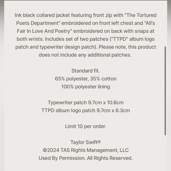Taylor Swift TTPD Black Jacket NWOT - Picture 8 of 9